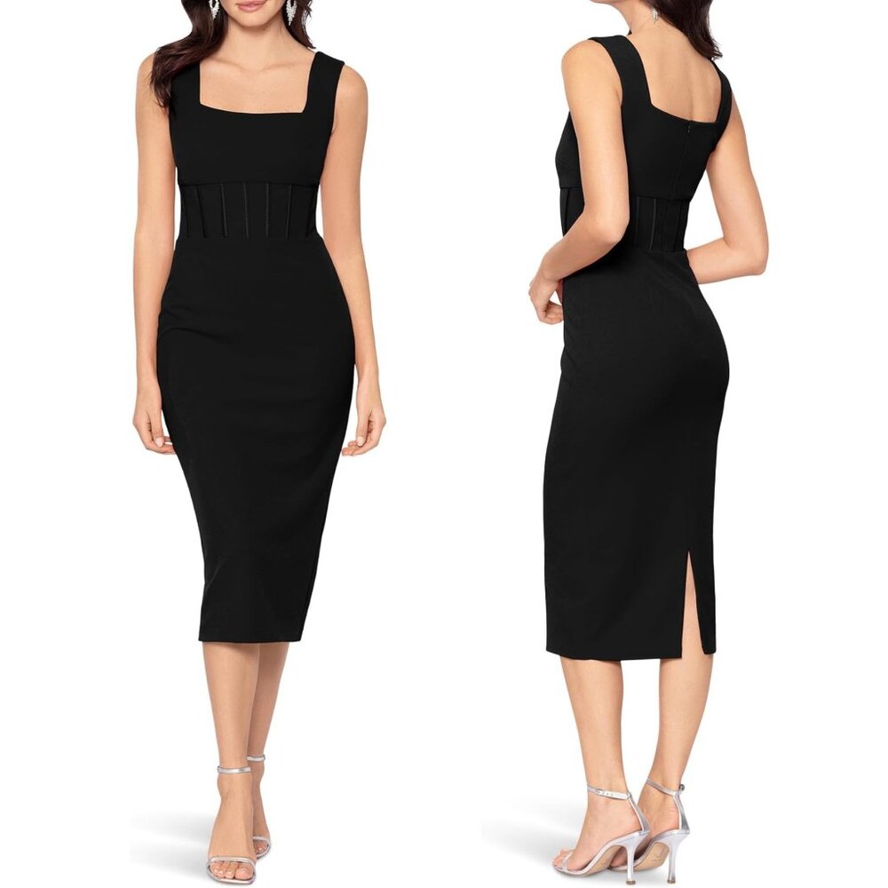 NEW Betsy & Adam Midi Scuba Crepe Corset Bone In Black Size 6